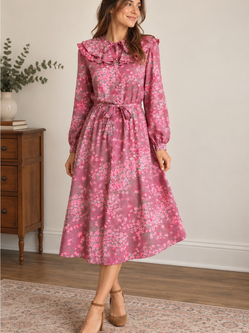 Vintage 1970s Malia Size 6 Dress Pink Green Floral Ruffle Collar Bow Detail Midi